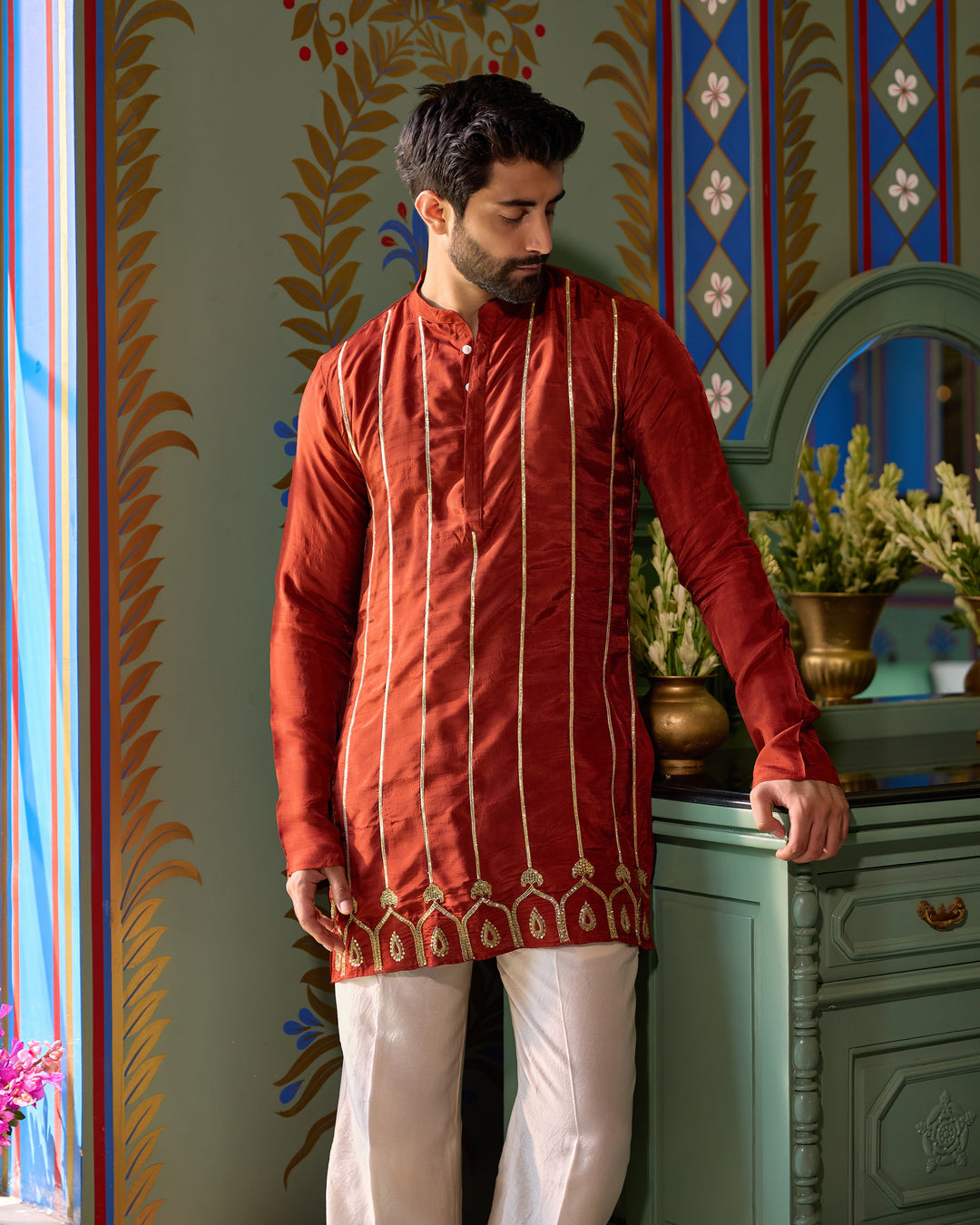 Kaushik Rust Orange Silk Embroidered Kurta