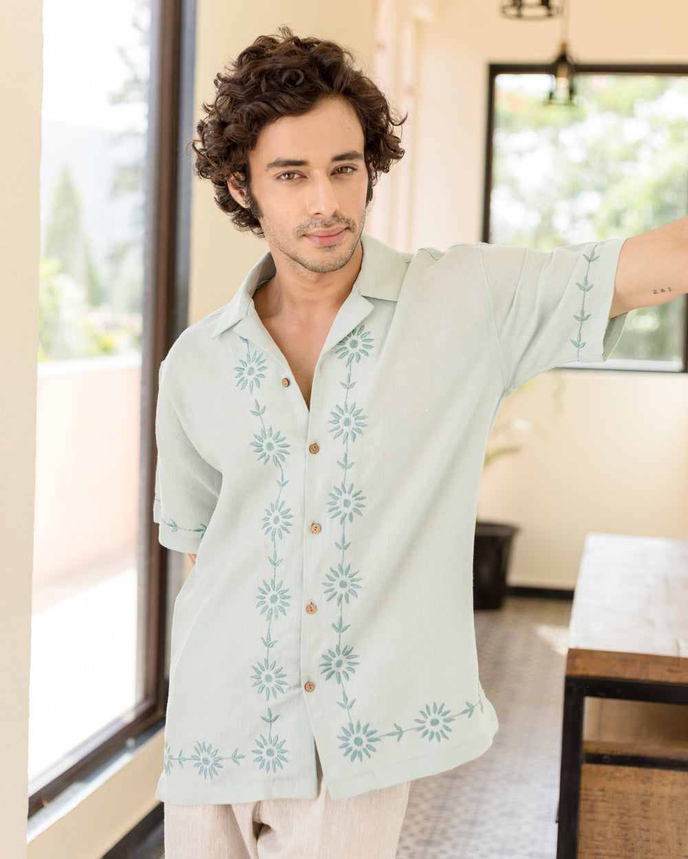 Kaiven Pastel Blue Embroidered Cotton Flex Shirt