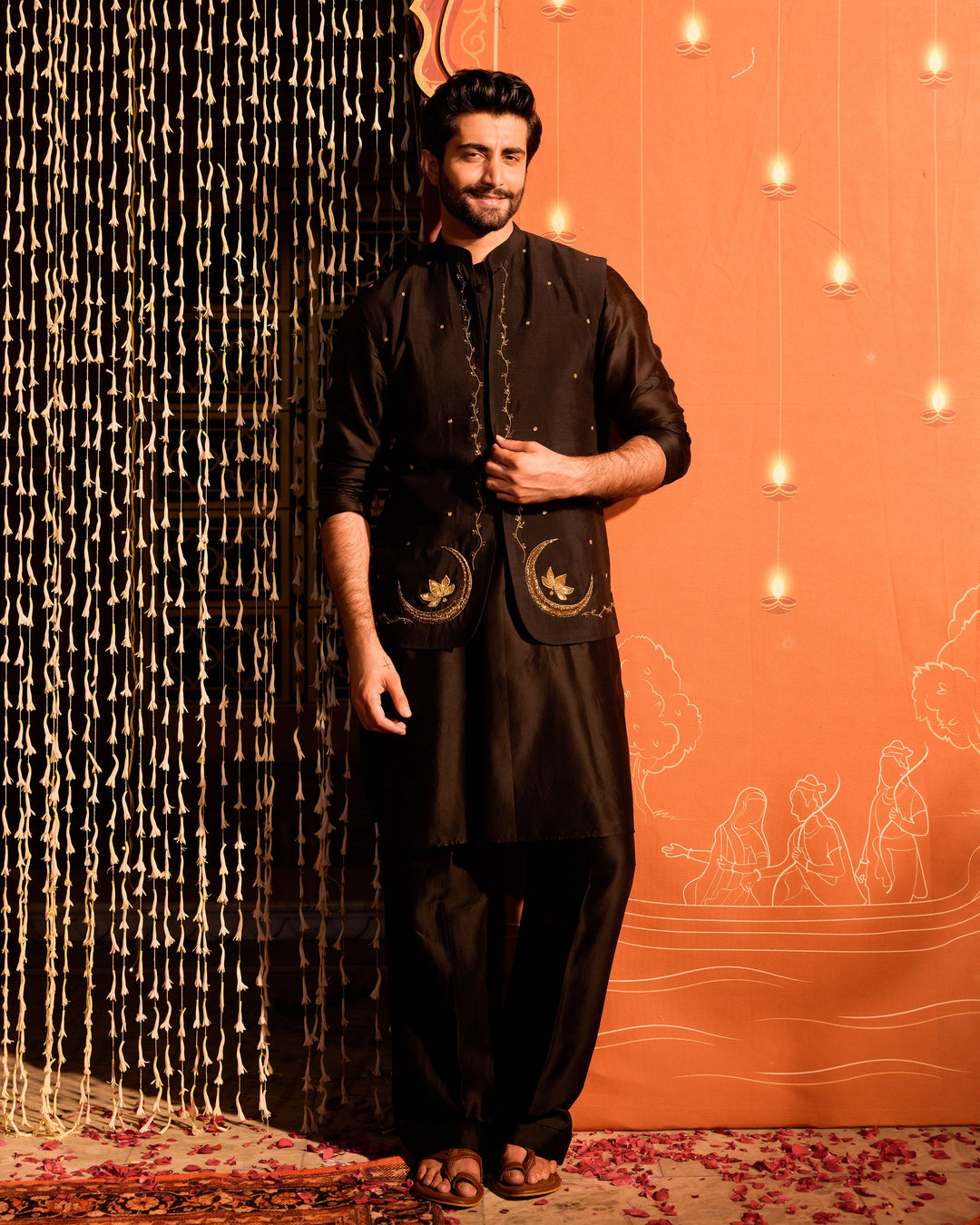 Ratan Black Chanderi Embroidered Jacket And Kurta Set