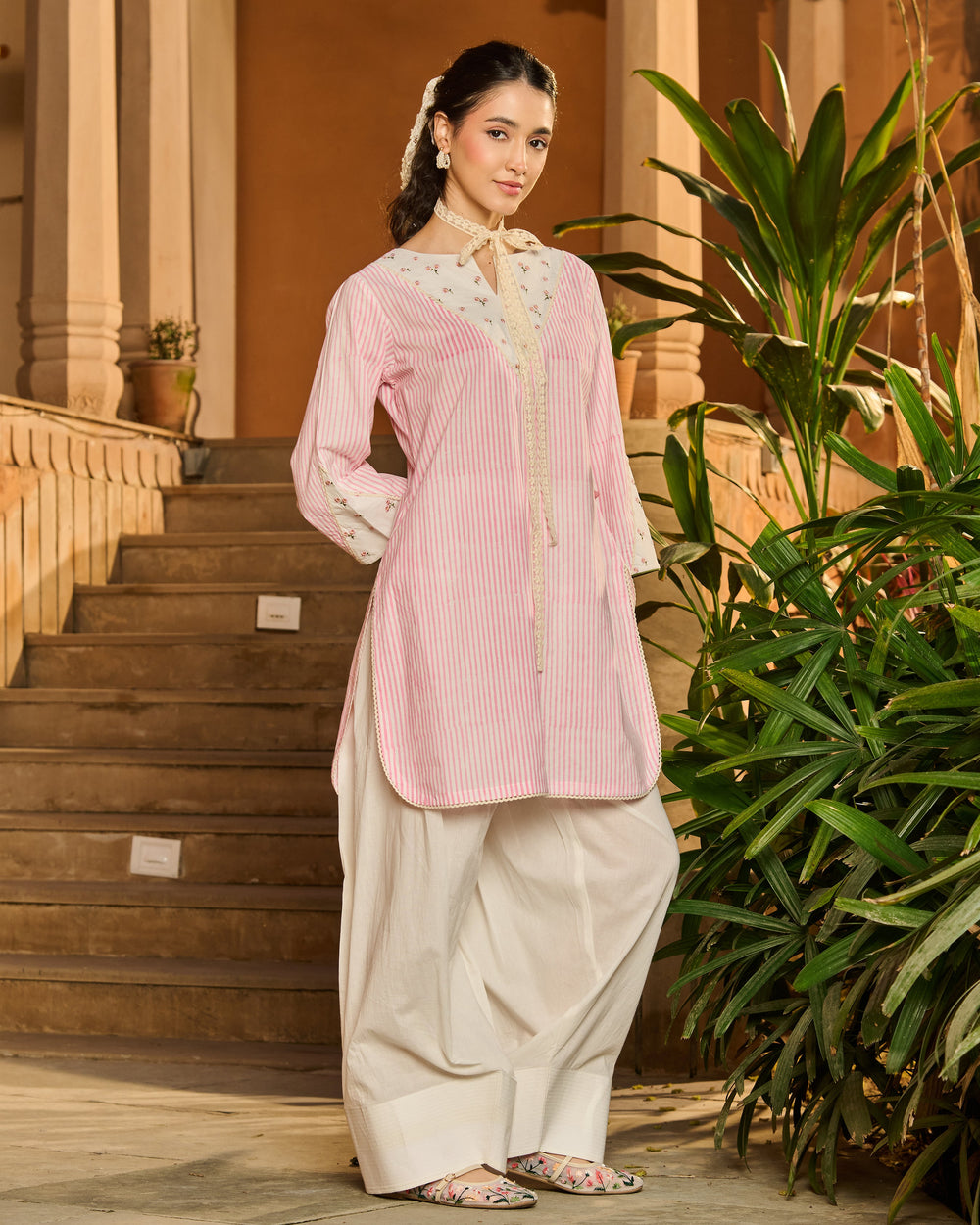 Sabine Pink Printed Cotton Stripes Kurta Set