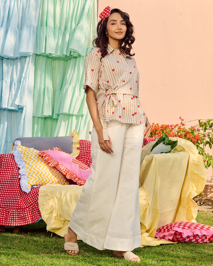 Shannon Beige Cotton Stripes &amp; Heart Printed Shirt