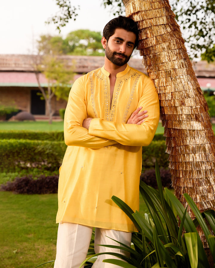 Kuber Yellow Chanderi Embroidered Kurta
