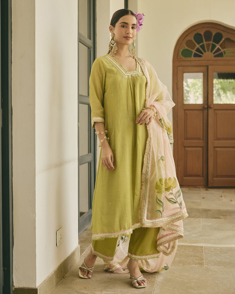 Kalvya Lime Green Handpainted Cotton Checks Suit Set