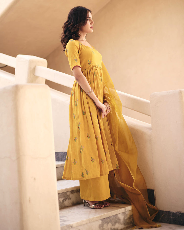 Zina Mustard Cotton Crush Printed Suit Set