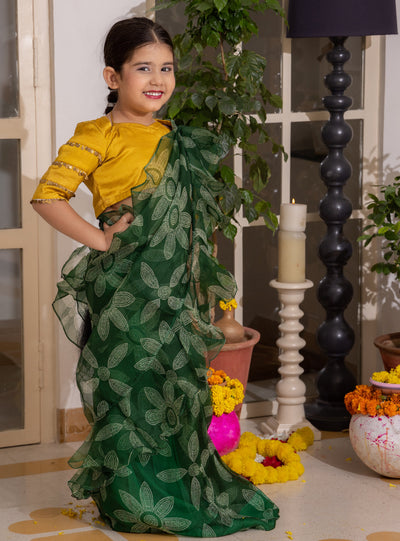 Dua Green Bandhani Organza Pre Draped Saree