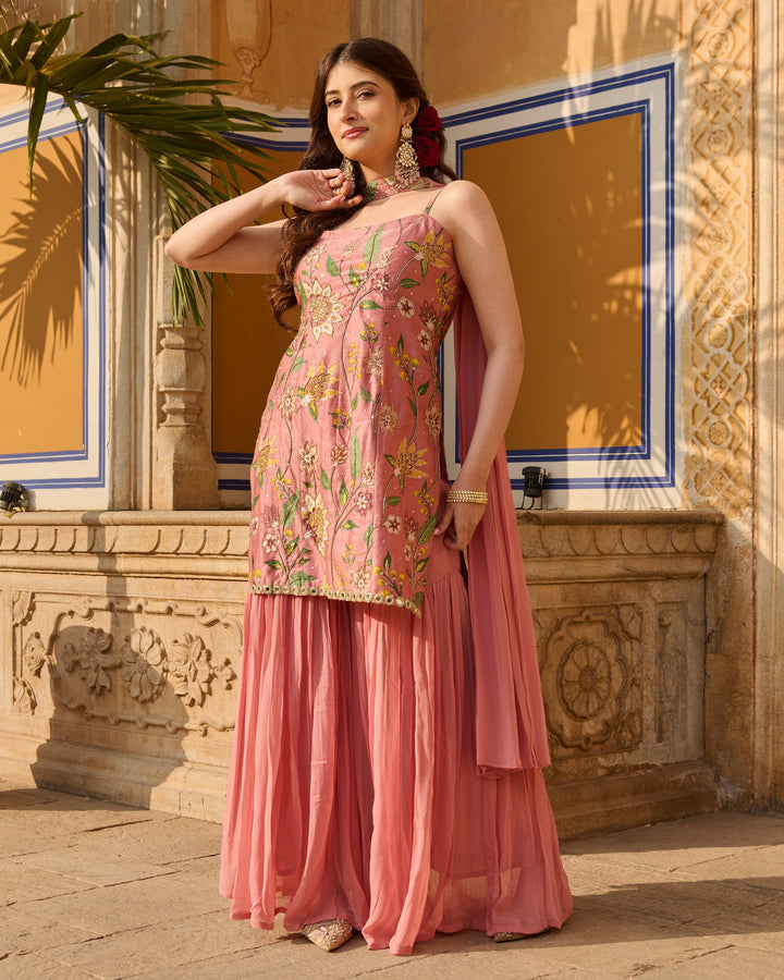 Solis Mauve Printed Chanderi Sharara Set