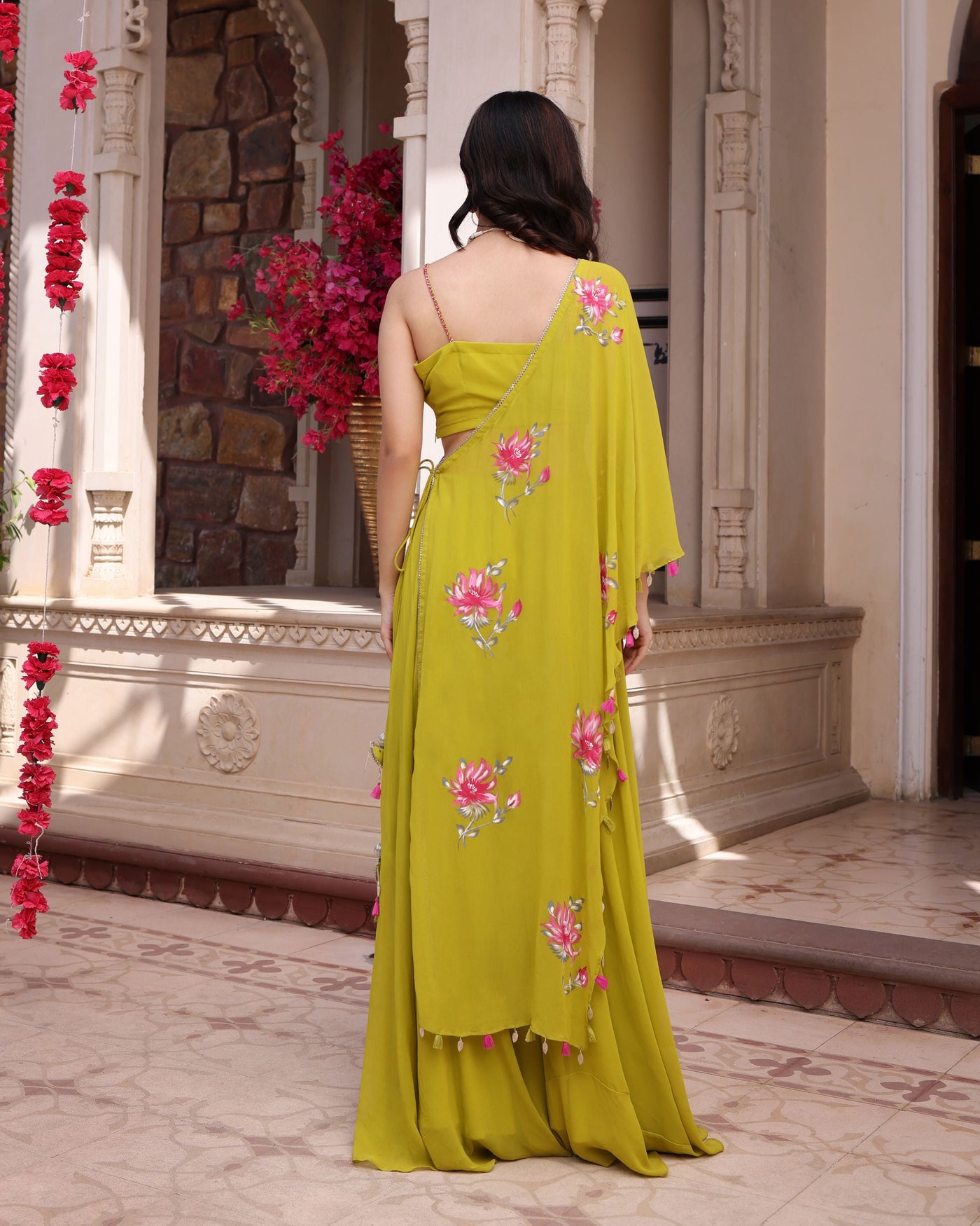 Cyber Lime Floral Handpainted Georgette Fusion Wear