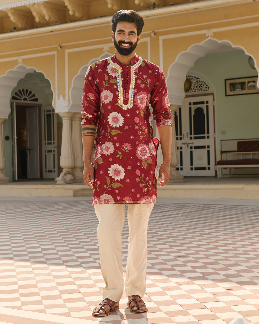Dev Maroon Printed Chanderi Kurta