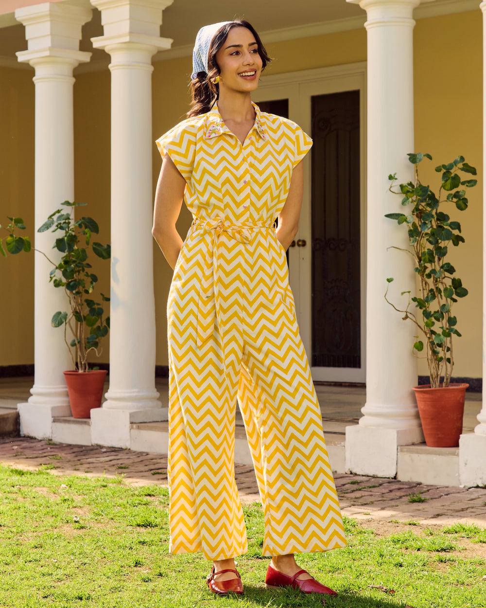 Ella Yellow Embroidered Cotton Printed Jumpsuit