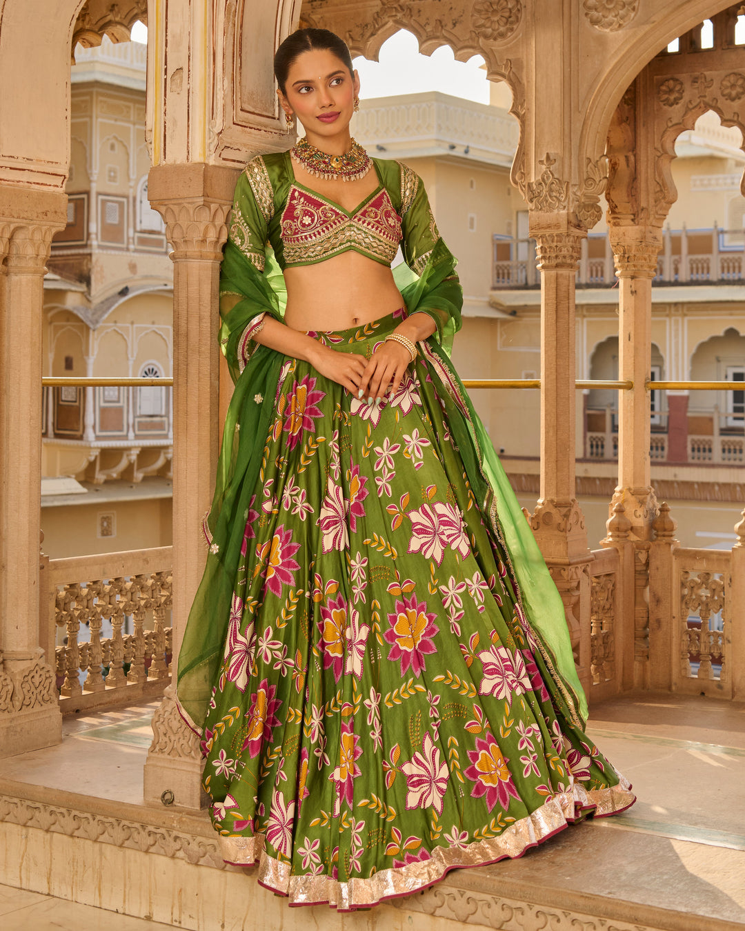 Zara Green Printed Satin Lehenga Set