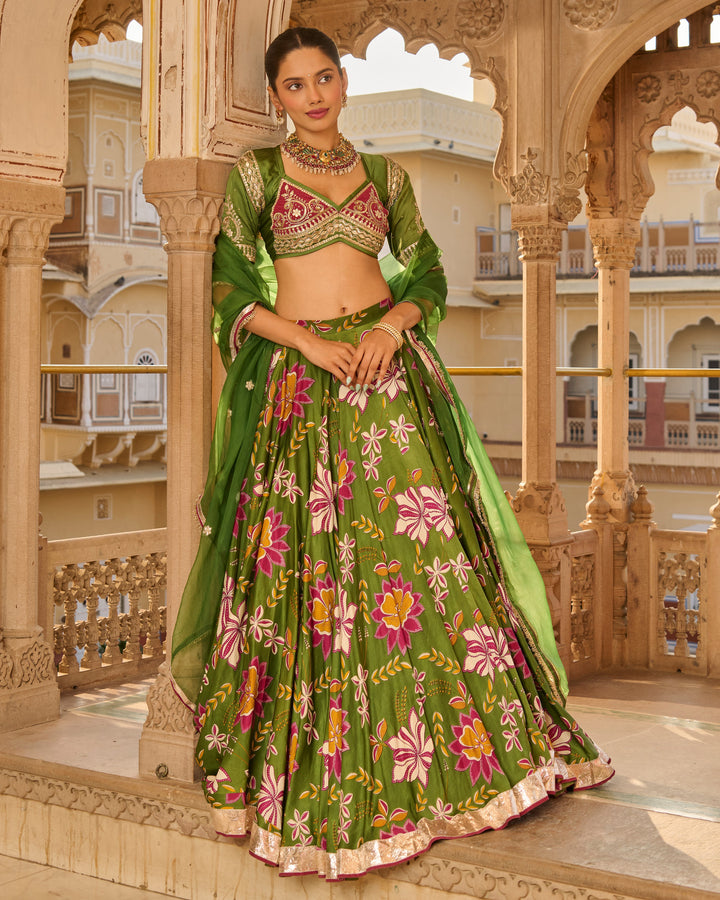 Zara Green Printed Satin Lehenga Set
