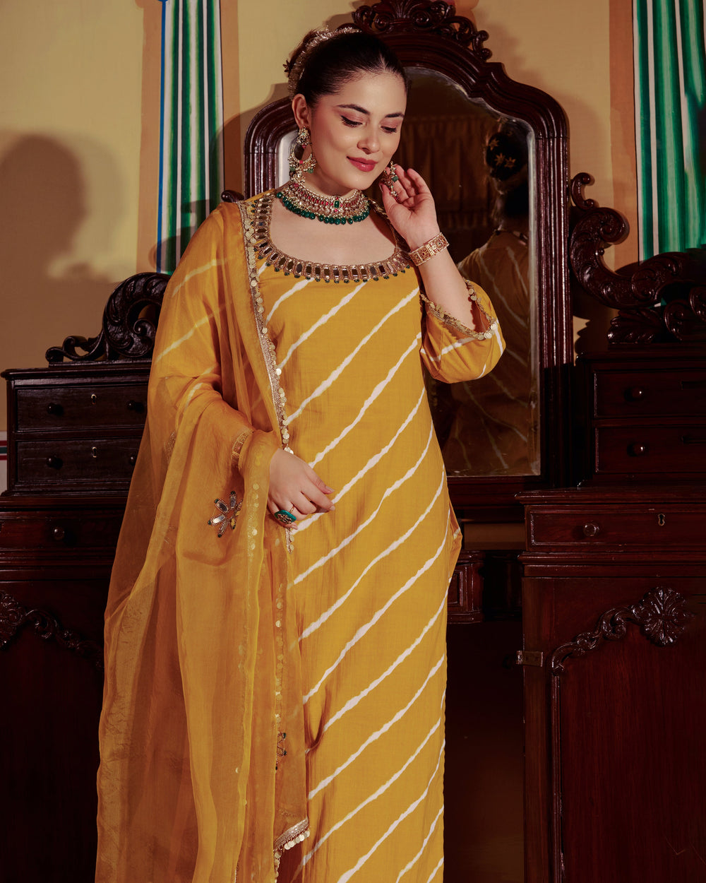 Rishi Yellow Leheriya Cotton Suit Set