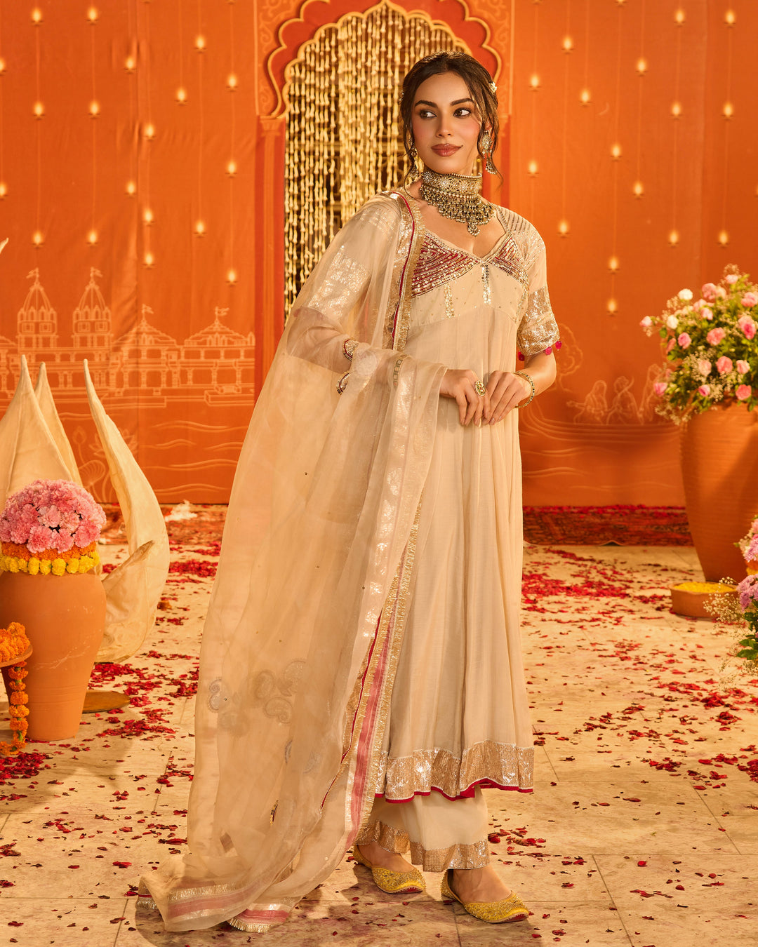 Navdurga Beige Embroidered Chanderi Aangi Suit Set