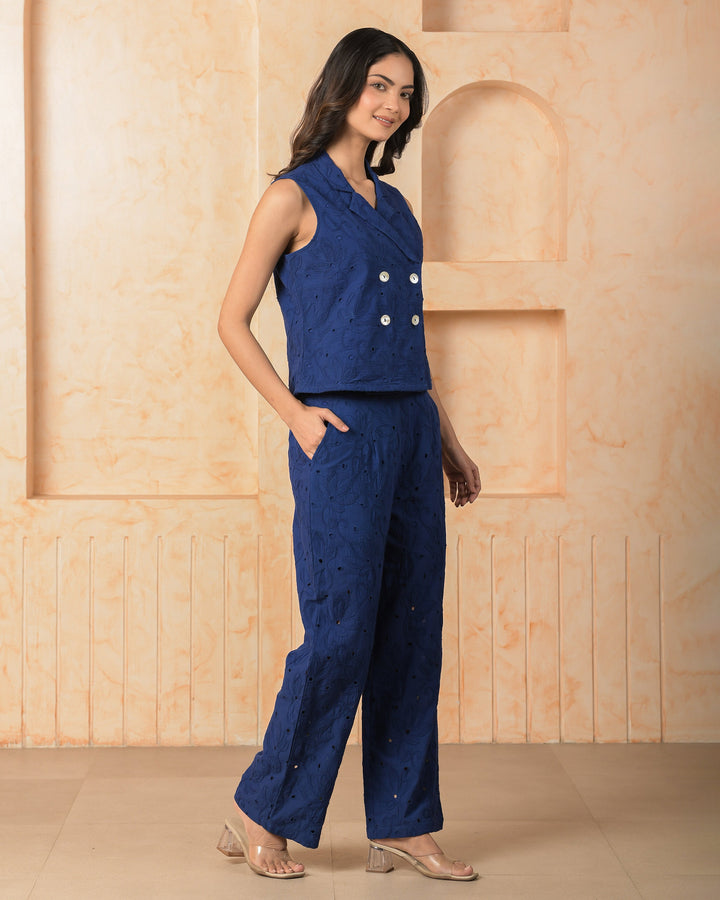 Quartz Blue Solid Cotton Schiffli Coord Set