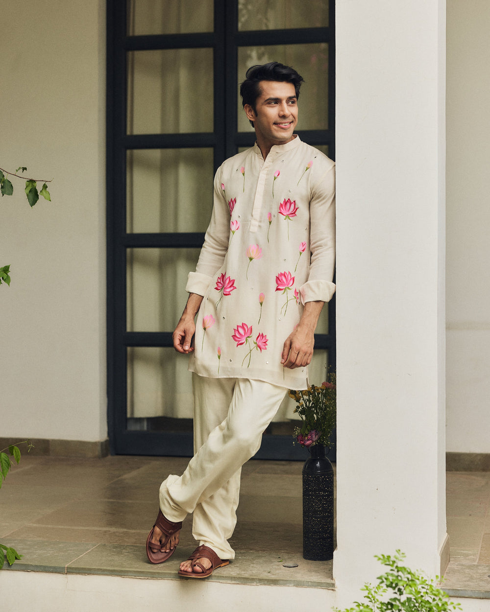 Zavian Off White Handpainted Checks Kurta