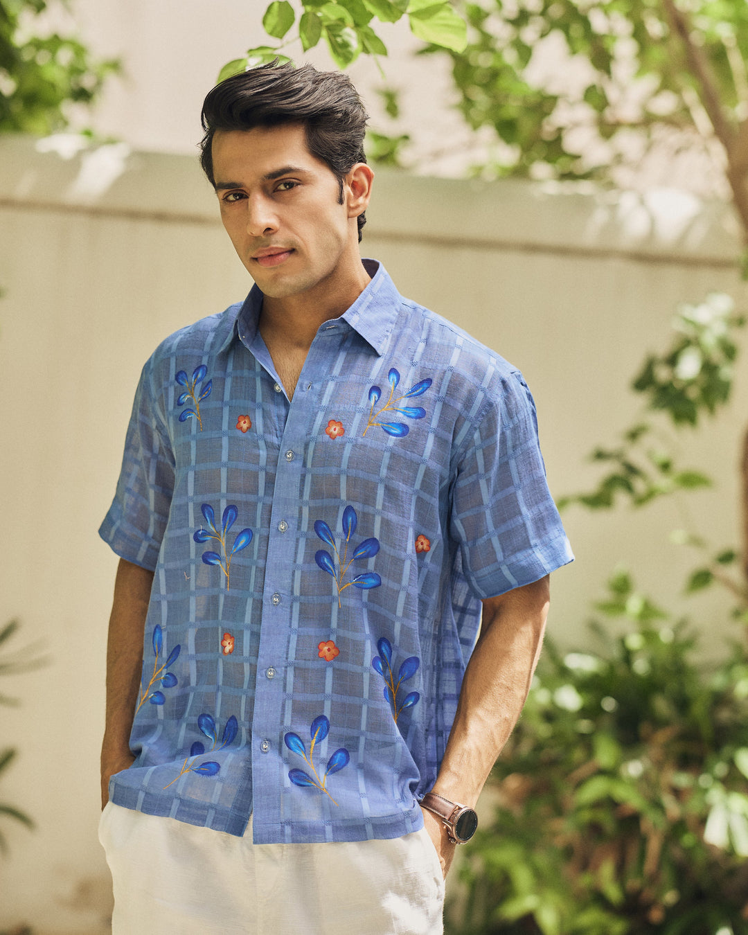 Samay Blue Cotton Dobby Handpainted Shirt