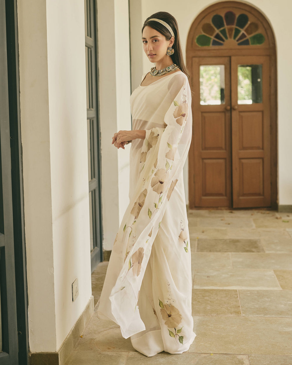 Trail Off White Handpainted Chiffon Saree