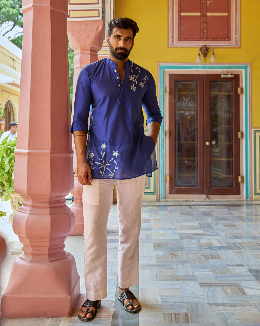 Krish Blue Embroidered Chanderi Kurta
