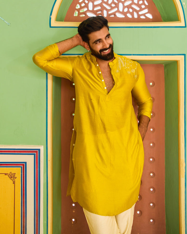 Sourabh Yellow Chanderi Embroidered Kurta