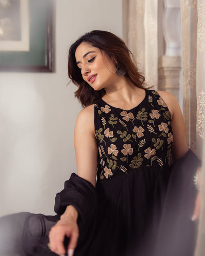 Shadow Black Embroidered Cotton Suit Set