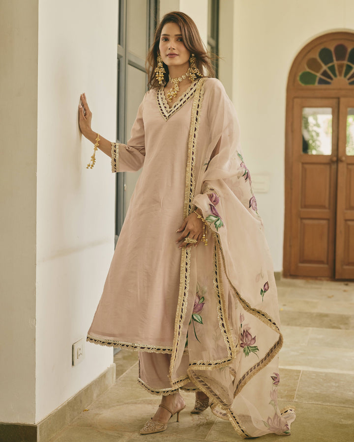 Chitvani Beige Handpainted Chanderi Suit Set