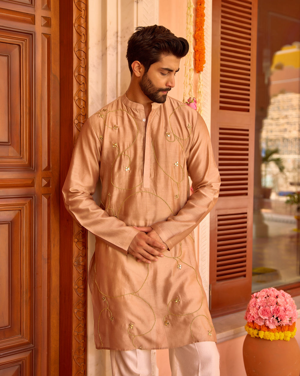 Damodar Brown Chanderi Embroidered Kurta