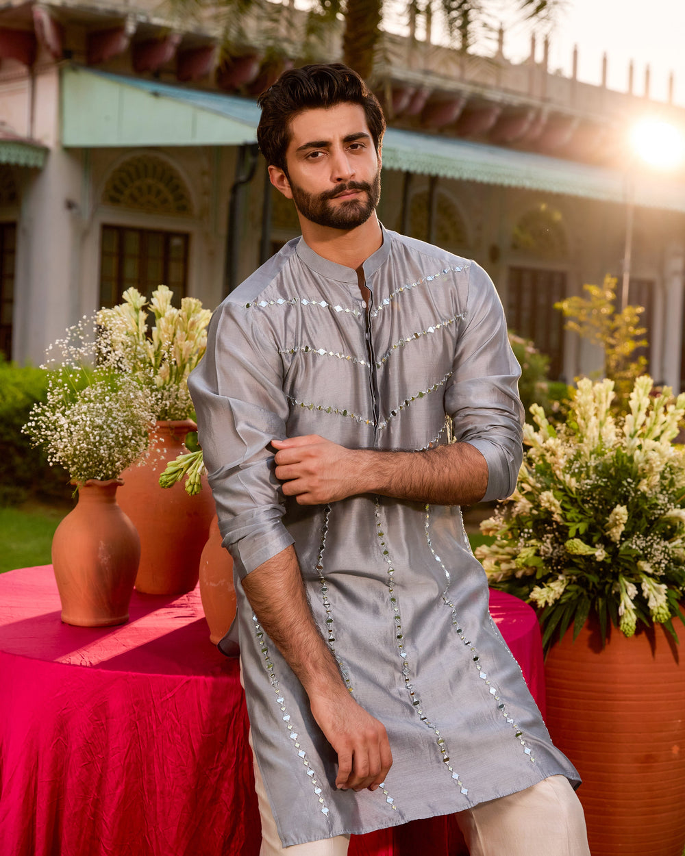 Padmesh Grey Chanderi Embroidered Kurta