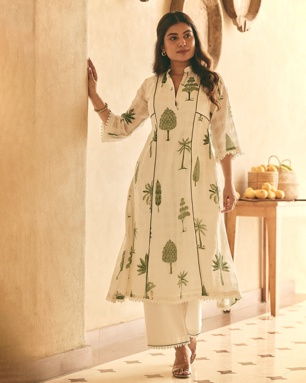 Tree Off White Cotton Big Checks Printed Kurta Set
