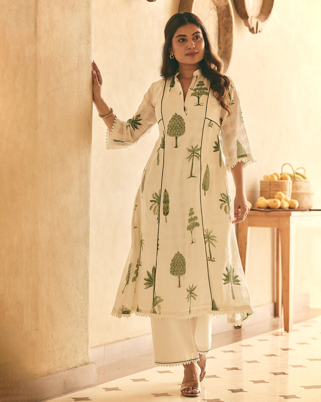 Tree Off White Cotton Big Checks Printed Kurta Set