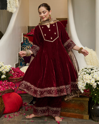 Ivaan Maroon Embroidered Velvet Suit Set