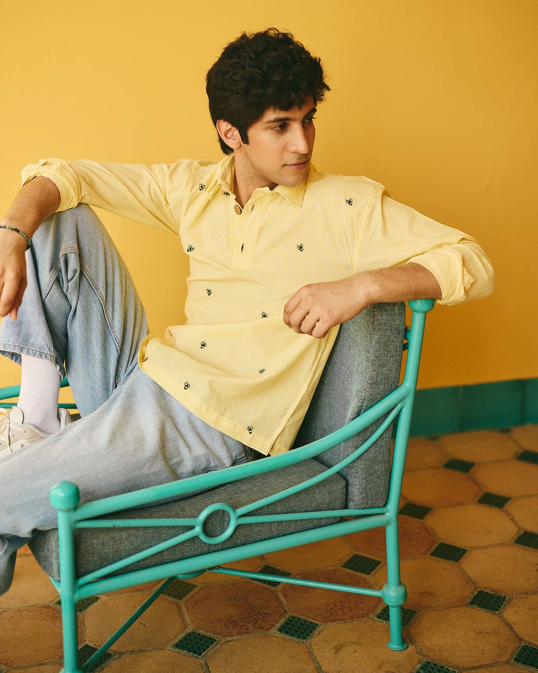 Teyo Yellow Embroidered Cotton Checks Printed Shirt