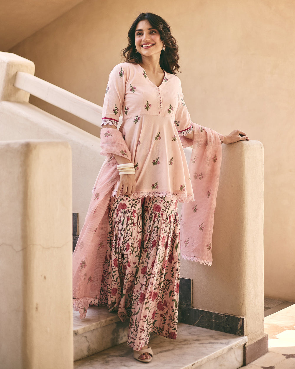 Mitya Powder Pink Cotton Printed Sharara Set