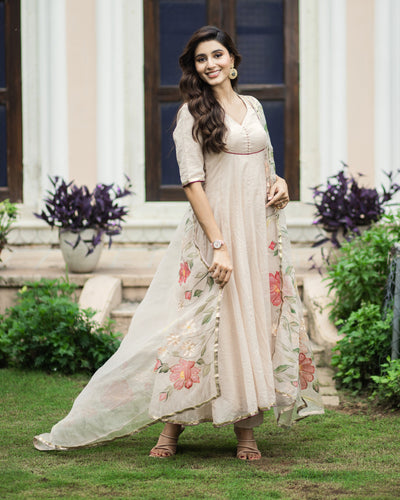 Kamini Beige Handpainted Chanderi Suit Set