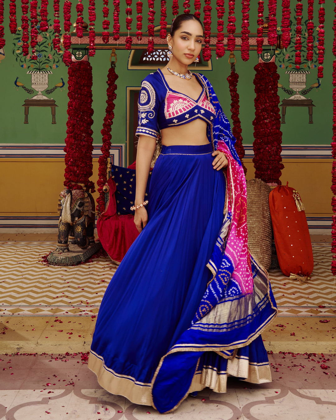 Mora Blue Embroidered Satin Lehenga Set