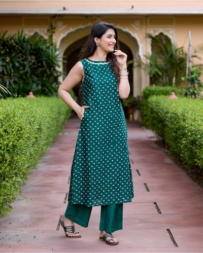 Saj Green Bandhani Chanderi Kurta Set