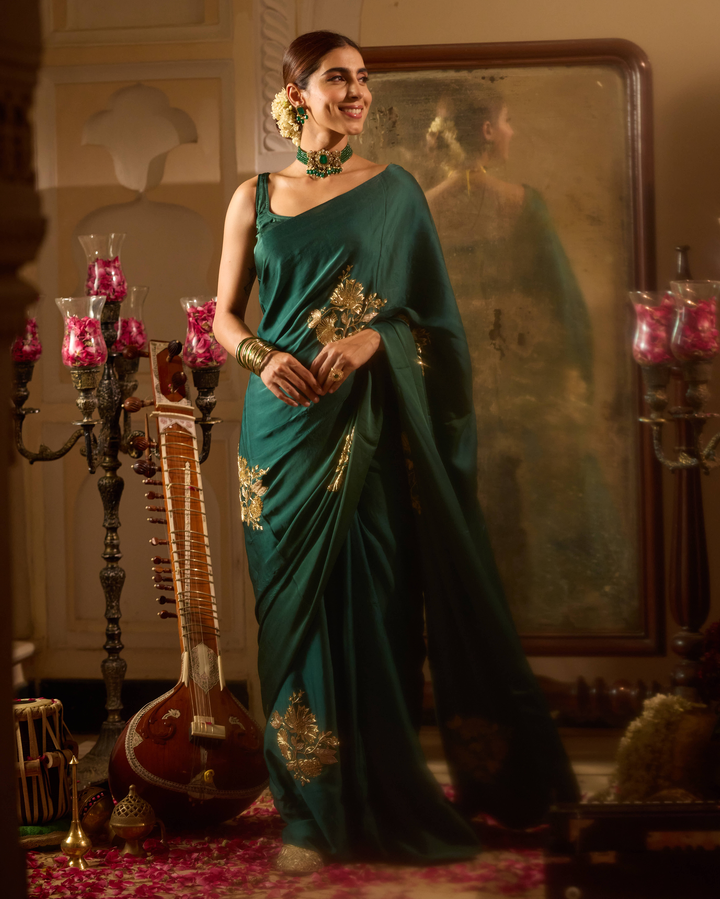 Yaadgaar Green Handcrafted Satin Saree