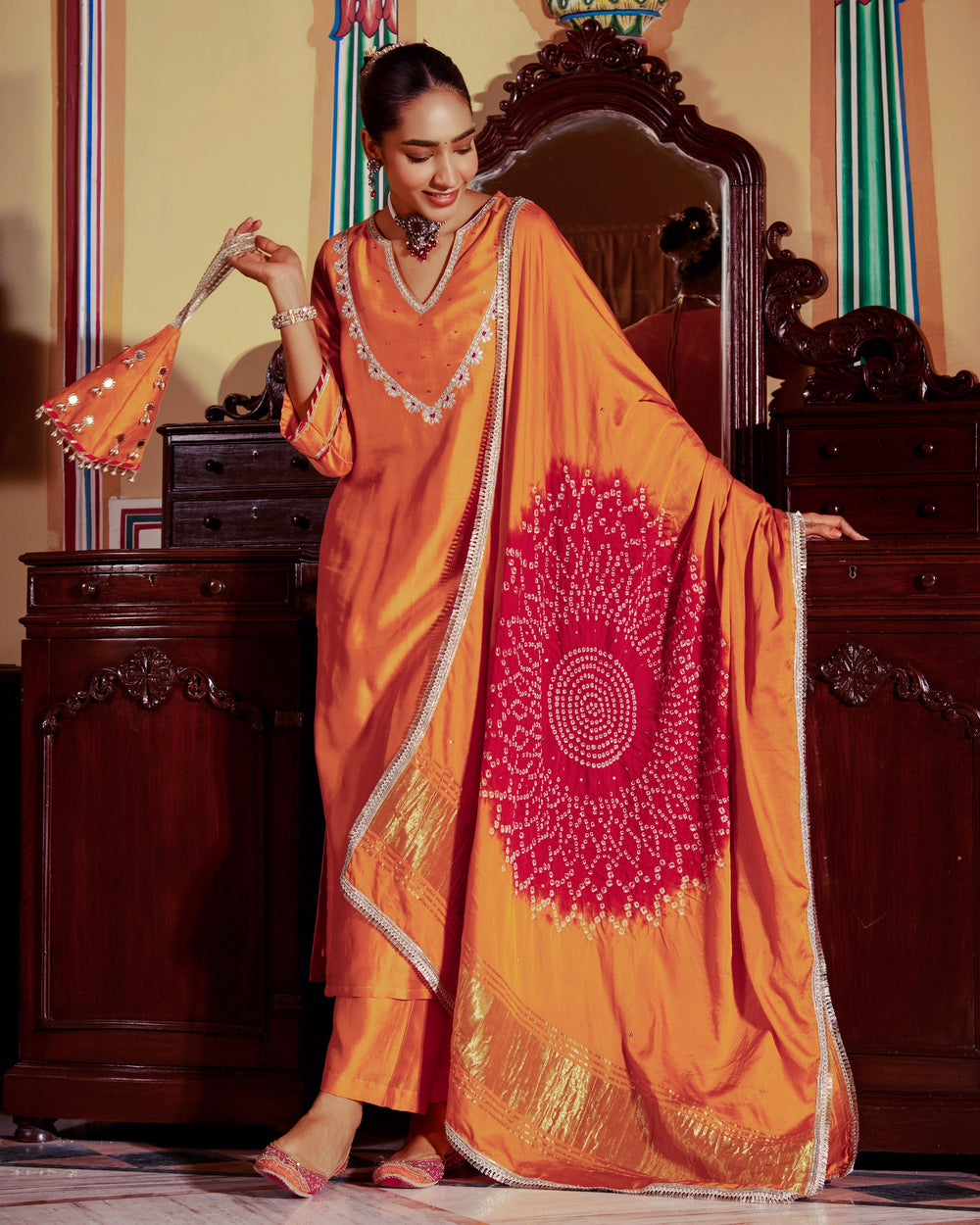 Veera Mustard Embroidered Chanderi Suit Set