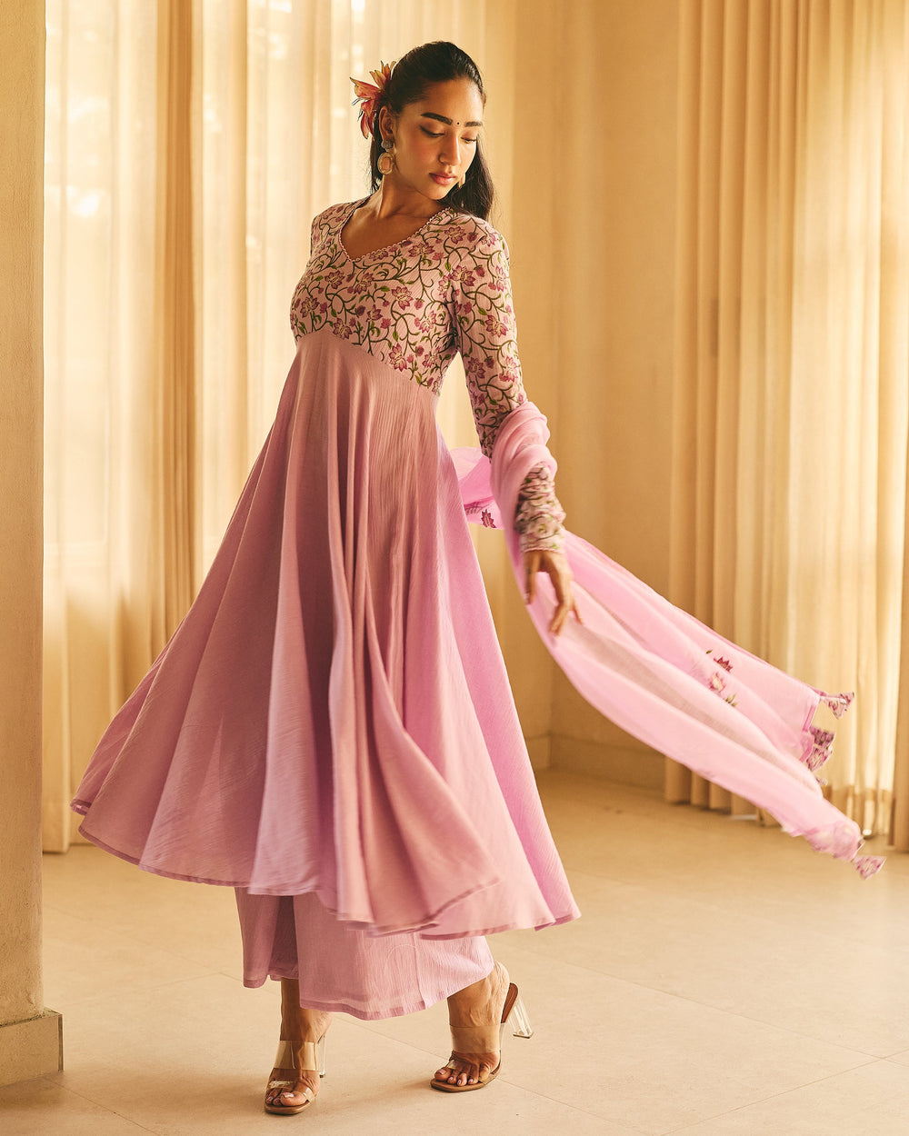 Kridha Lavender Cotton Crush Printed Suit Set