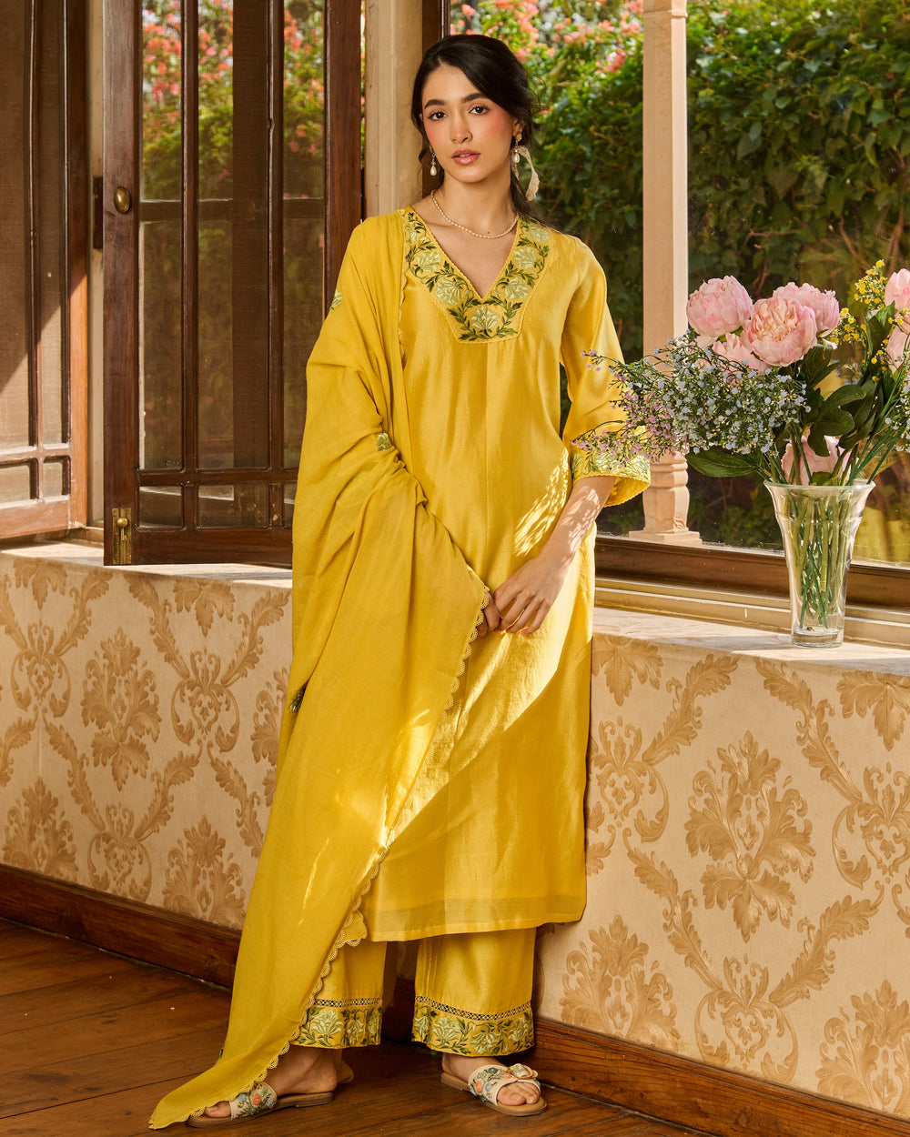 Limo Yellow Embroidered Chanderi Suit Set