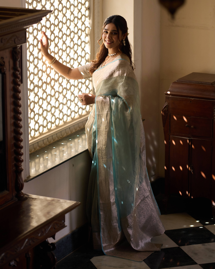 Rajni Sage Blue Solid Pure Tissue Saree