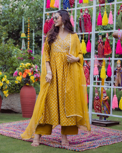 Pavitra Yellow Bandhani Chanderi Suit Set