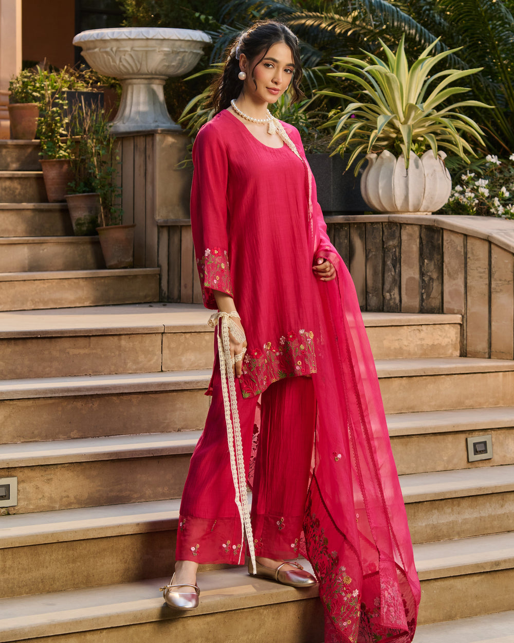 Taru Pink Embroidered Chanderi Suit Set