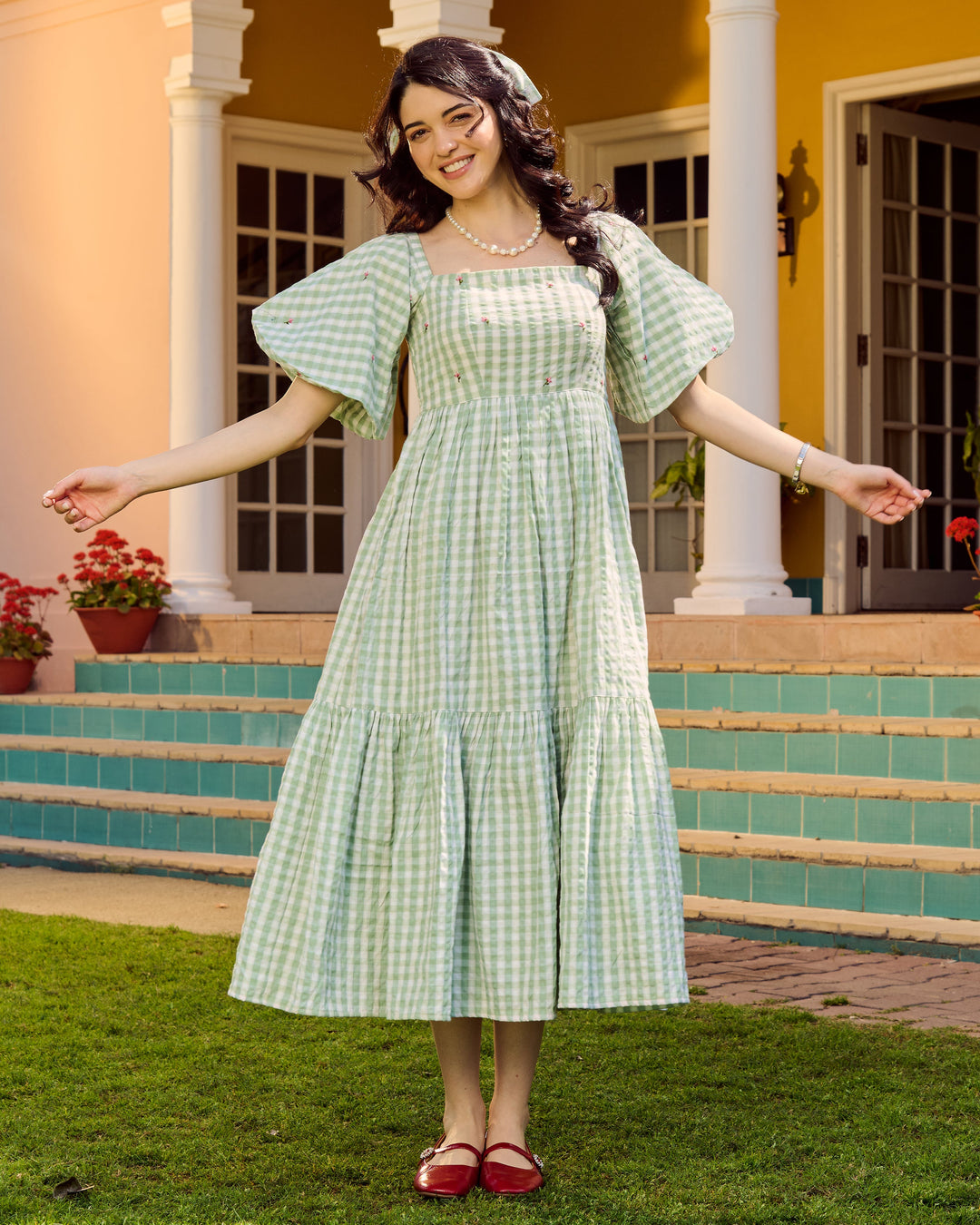Eilish Green Embroidered Cotton Checks Dress