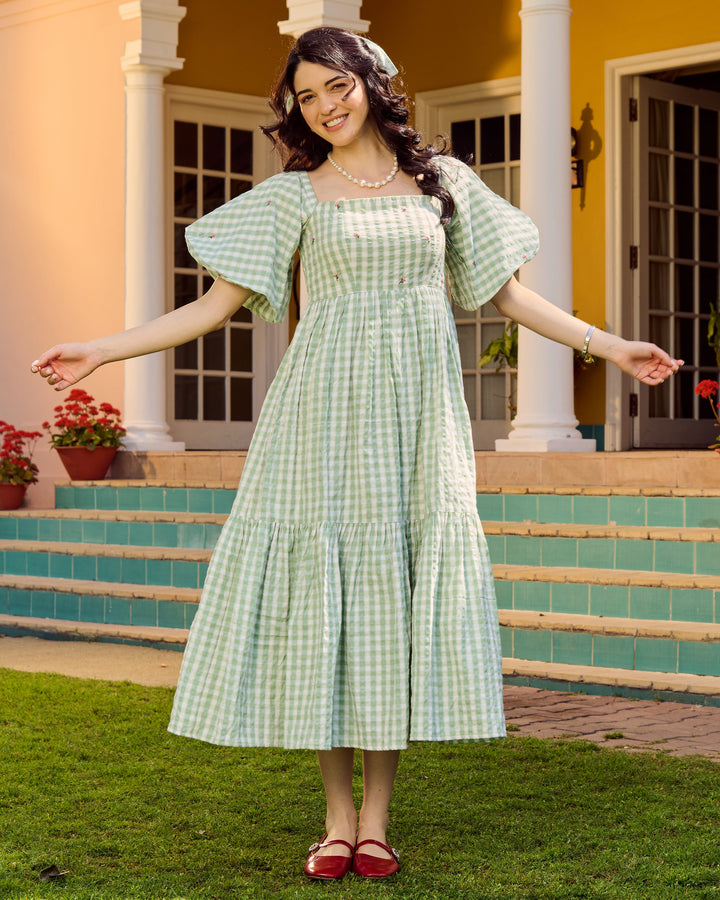 Eilish Green Embroidered Cotton Checks Dress