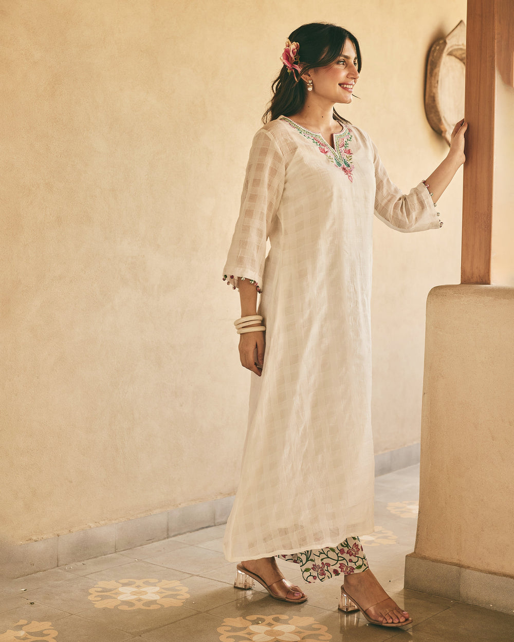 Leon White Big Checks Kurta Set