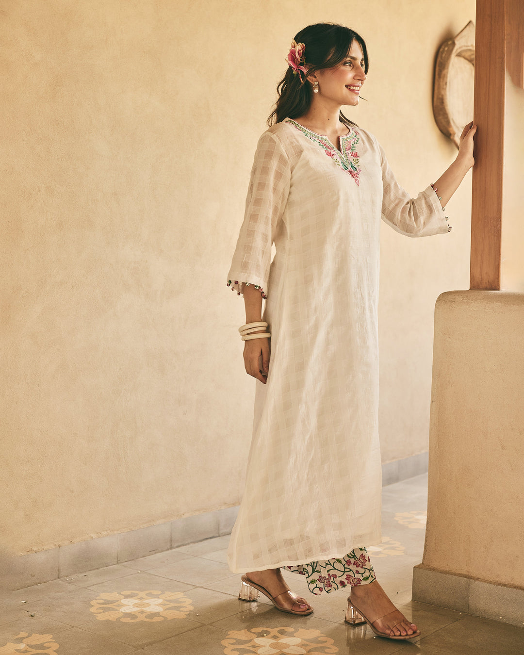 Leon White Big Checks Kurta Set