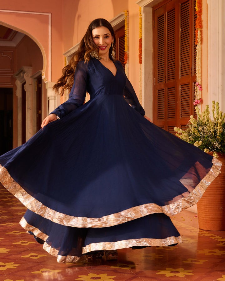 Jyotika Blue Embroidered Chanderi Suit Set
