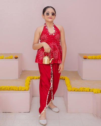 Mrunal Red Bandhani Satin Coord Set