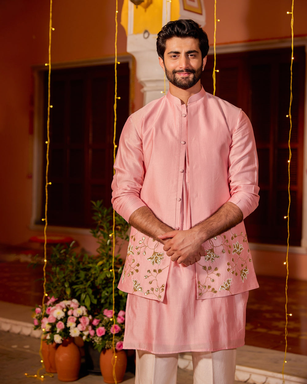 Ruhansh Pink Chanderi Embroidered Jacket And Kurta Set