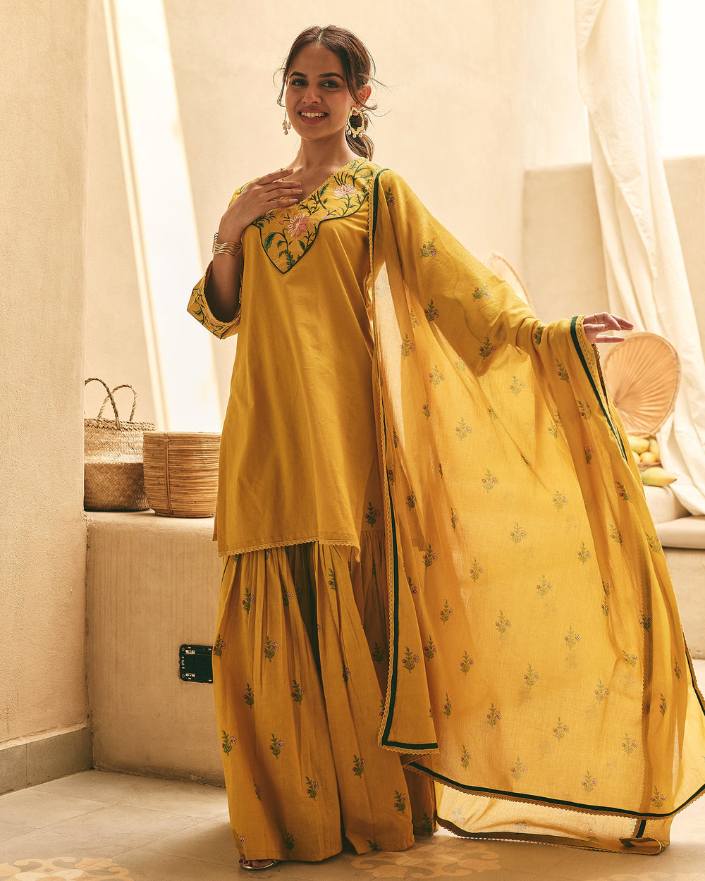 Sima Mustard Cotton Printed Sharara Set